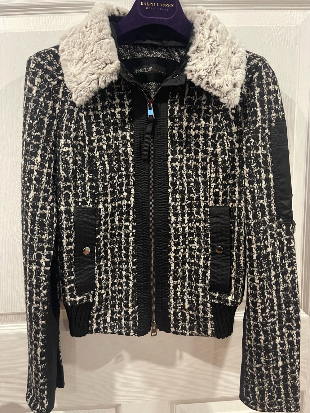 Marc Cain virgin wool blend Tweed Bomber Jacket Faux Fur Collar XS
